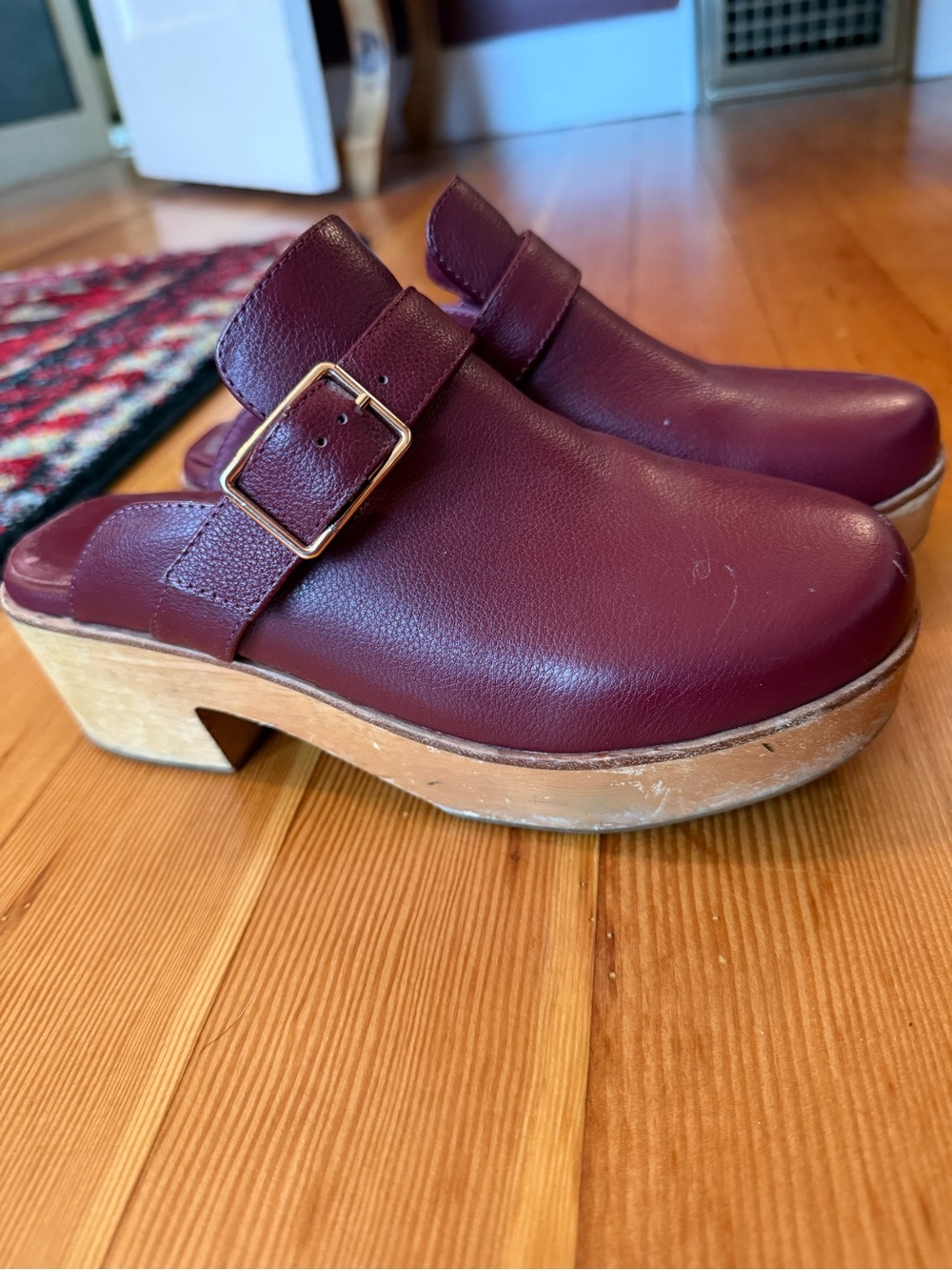 Charlotte Stone Burgundy Leather Clog Mules with Buckle Strap